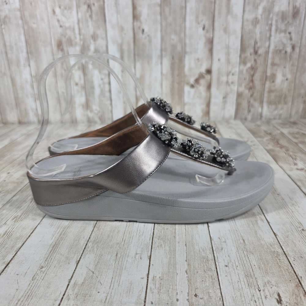 Fitflop Embellished‎ Thong Sandals Comfort Rhinestone Detail Silver 10
